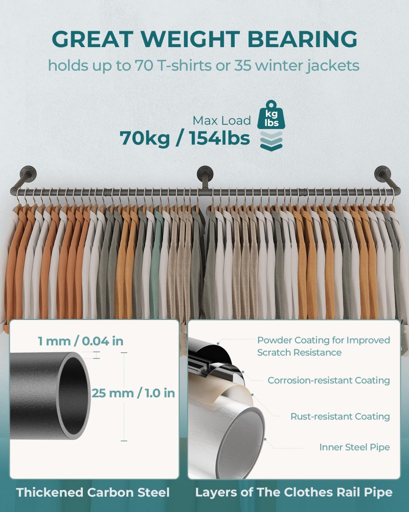 OROPY Clothes Rack, 65.7" Industrial Pipe Clothing Rack for Hanging Clothes, Wall Mounted Heavy Duty Space Saving Garment Rack for Closet Storage, Black, 3 Base - Image 5