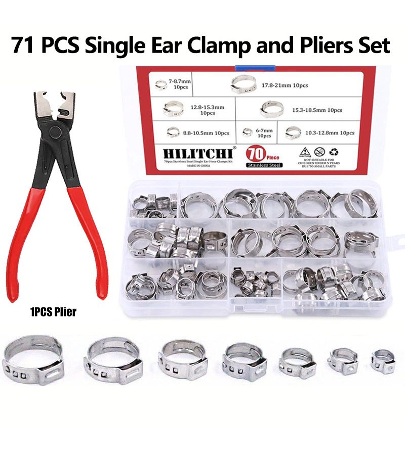 71pcs Stainless Steel Single Ear Hose Clamp Kit With Pliers 7 Sizes - Image 1