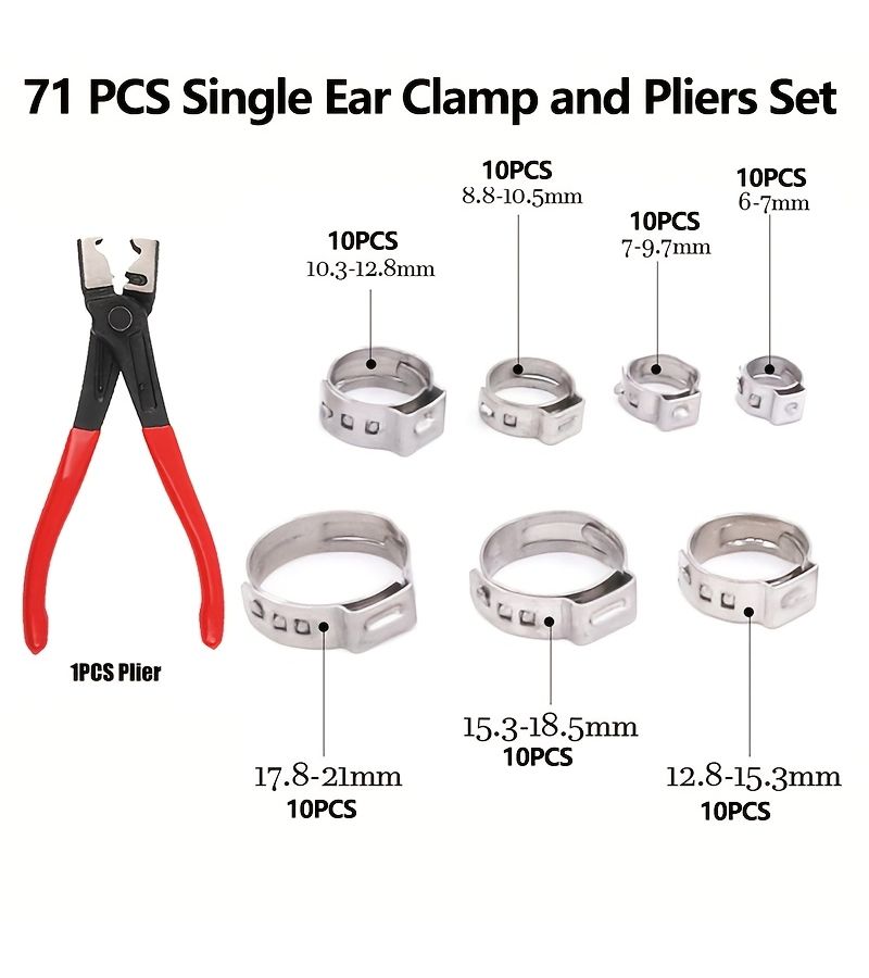 71pcs Stainless Steel Single Ear Hose Clamp Kit With Pliers 7 Sizes - Image 2