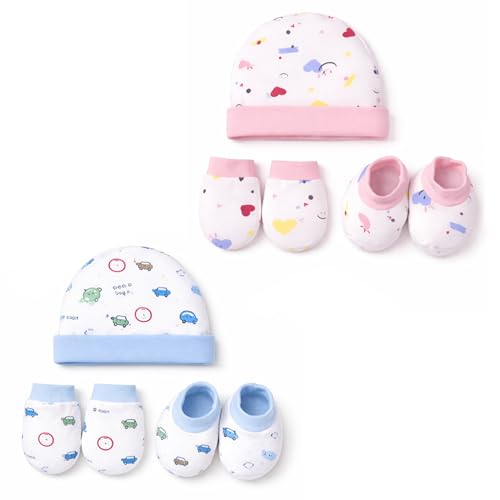 VParents Baby Mittens Caps Gloves and Booty Combo (0-3 Months) | Unisex | Durable Cotton Casual Style Gift Set | Assorted Deisgn (Pink and Blue) - Image 1