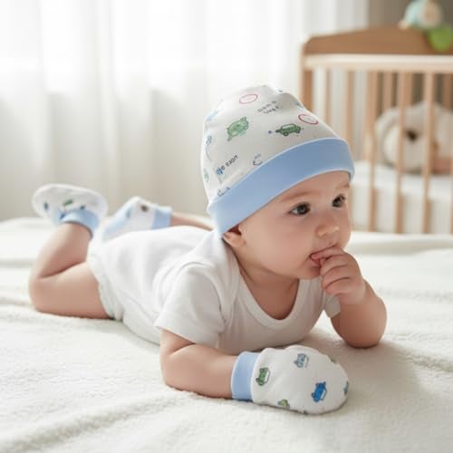 VParents Baby Mittens Caps Gloves and Booty Combo (0-3 Months) | Unisex | Durable Cotton Casual Style Gift Set | Assorted Deisgn (Pink and Blue) - Image 5