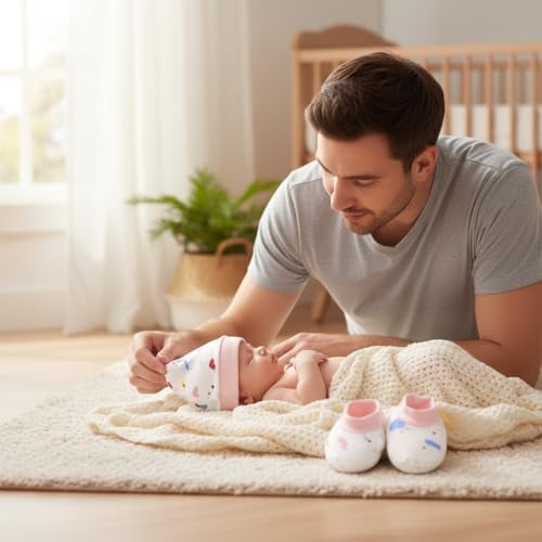 VParents Baby Mittens Caps Gloves and Booty Combo (0-3 Months) | Unisex | Durable Cotton Casual Style Gift Set | Assorted Deisgn (Pink and Blue) - Image 2
