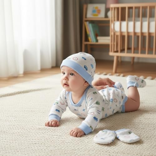 VParents Baby Mittens Caps Gloves and Booty Combo (0-3 Months) | Unisex | Durable Cotton Casual Style Gift Set | Assorted Deisgn (Pink and Blue) - Image 3