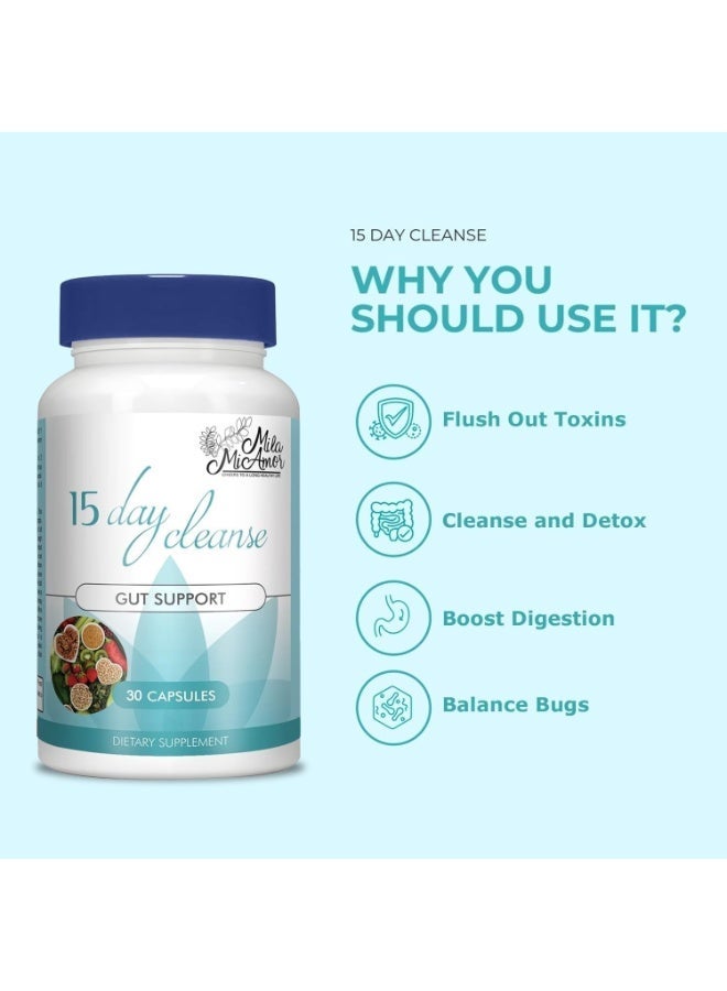Mila Miamor 15 Day Cleanse - Gut and Colon Support - Advanced Gut Cleanse Detox for Women & Men with Senna, Cascara Sagrada & Psyllium Husk - Non-GMO - Made in USA - 30 Capsules - Image 2