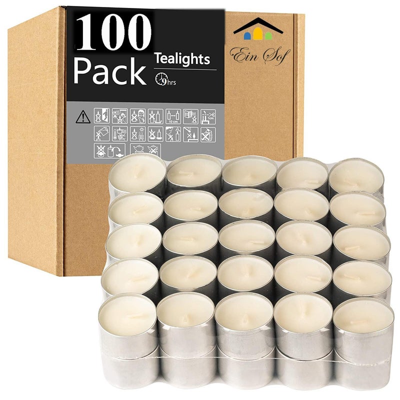 Ein Sof Tea Lights Candle Set of 100 - White Unscented 9 Hour Burn Time Tealights, Pure Paraffin Wax Jumbo Size Home Decor Candles (3.6cmx2.7cm) - Image 1