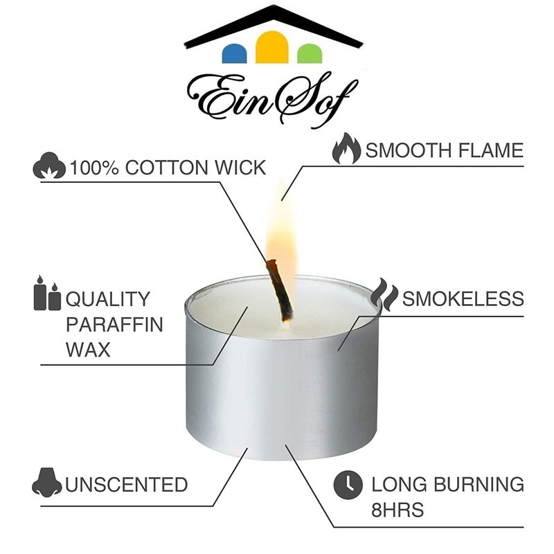 Ein Sof Tea Lights Candle Set of 100 - White Unscented 9 Hour Burn Time Tealights, Pure Paraffin Wax Jumbo Size Home Decor Candles (3.6cmx2.7cm) - Image 2