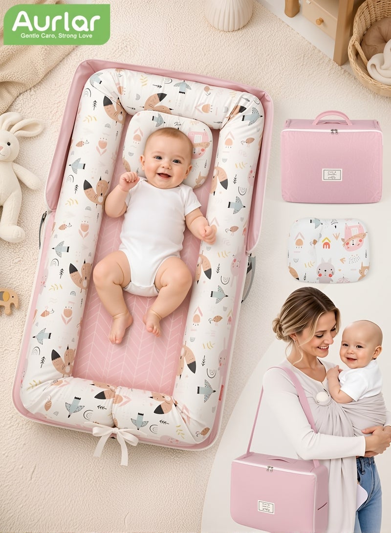 Aurlar Portable Foldable Baby Lounger with Pillow, Soft Breathable Removable Washable Cover, Adjustable Infant Nest with Carry Bag, 0-24 Months, Pink - Image 1