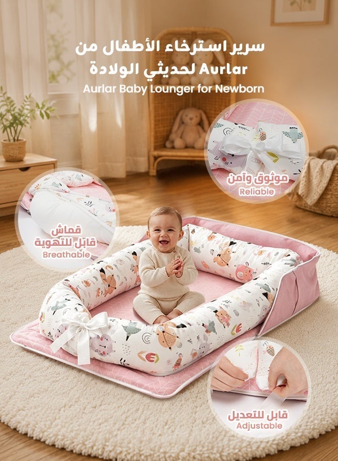 Aurlar Portable Foldable Baby Lounger with Pillow, Soft Breathable Removable Washable Cover, Adjustable Infant Nest with Carry Bag, 0-24 Months, Pink - Image 4