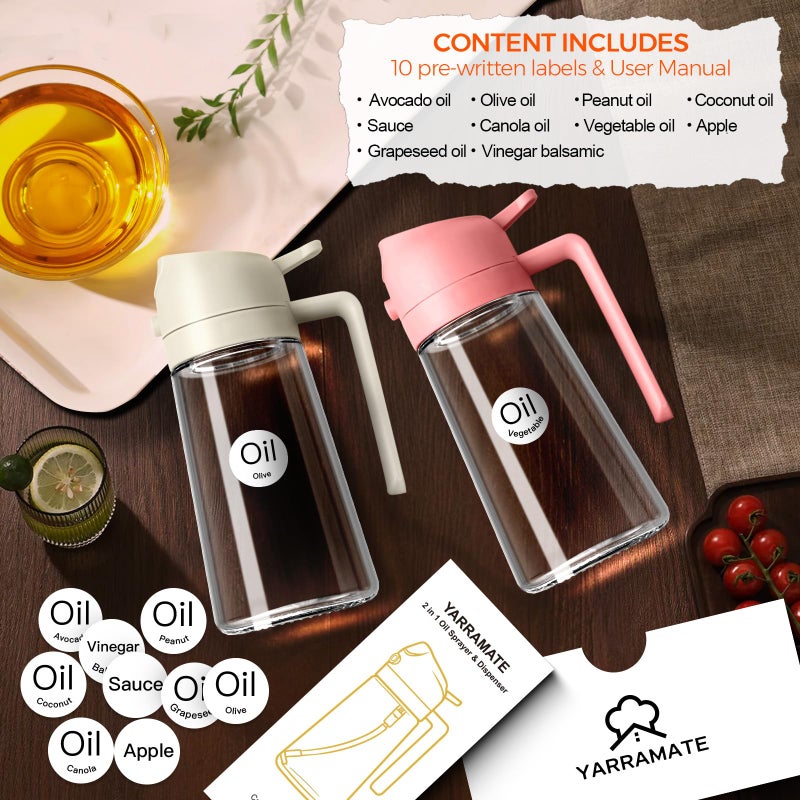 ‎YARRAMATE YARRAMATE 16oz/470ml Oil Sprayer for Cooking with Stickers, Food-grade Premium 2 in 1 Olive Oil Dispenser Bottle for Kitchen Gadgets, Air Fryer, Salad, Frying, BBQ (Pink) - Image 2