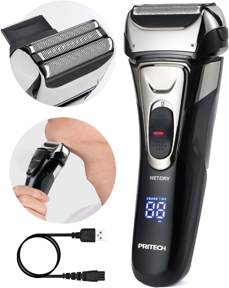 PRITECH Electric Razor for Men Waterproof Foil Electric Shavers with Beard Trimmer Cordless Rechargeable Razor for Shaving Face LED Display Wet Dry Use