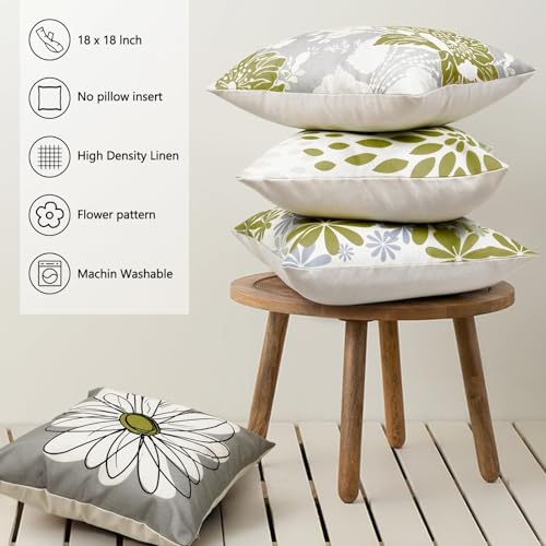 Baidast Green Olive Decorative Throw Pillow Covers 18x18 Set of 4, Green and Grey Modern Daisy Floral Pillows Linen Pillow Covers for Couch Sofa Living Room - Image 3