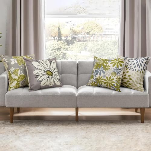 Baidast Green Olive Decorative Throw Pillow Covers 18x18 Set of 4, Green and Grey Modern Daisy Floral Pillows Linen Pillow Covers for Couch Sofa Living Room - Image 2