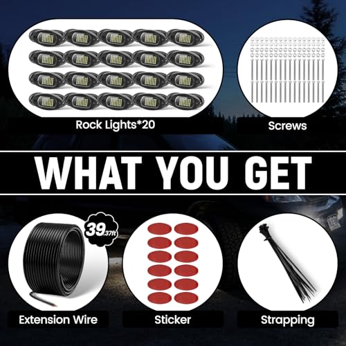 YONEDA 20 Pods White Rock Lights 6000K 42LED Ultra Bright LED Underglow Lights IP68 Waterproof for Trucks SUV UTV ATV RZR Car Boats Pickup Motorcycle with 39.37ft Extension Wire - Image 5