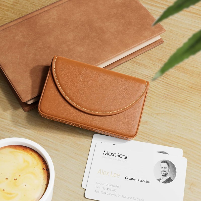 MaxGear Business Card Holder Case, PU Leather Business Card Case for Purse, Pocket Name Card Holder Wallet for Men or Women, Portable Magnetic Business Card Carrier for Christmas Gift, Light Coffee - Image 2