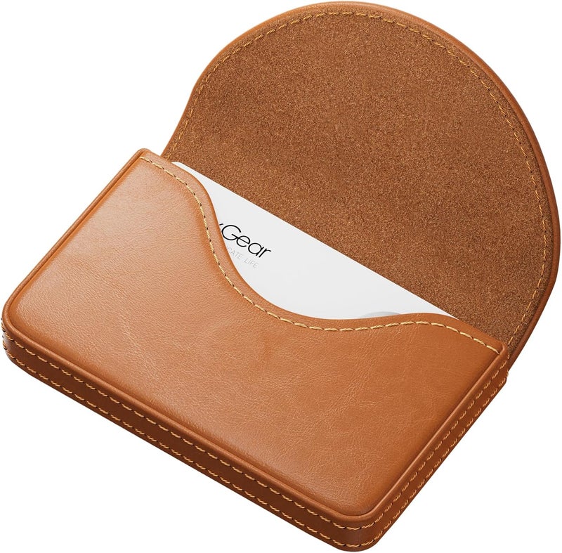 MaxGear Business Card Holder Case, PU Leather Business Card Case for Purse, Pocket Name Card Holder Wallet for Men or Women, Portable Magnetic Business Card Carrier for Christmas Gift, Light Coffee - Image 1