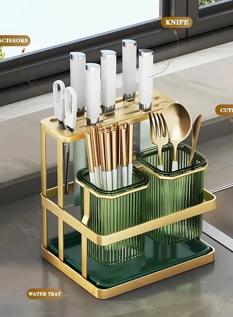 OQUERA Efficient Kitchen Storage Rack with Knife Organizer Holder, Chopsticks Box, Cutlery Storage Shelf - Organize Kitchen Utensils for Wall-Mount or Countertop Use - Green  - Image 2