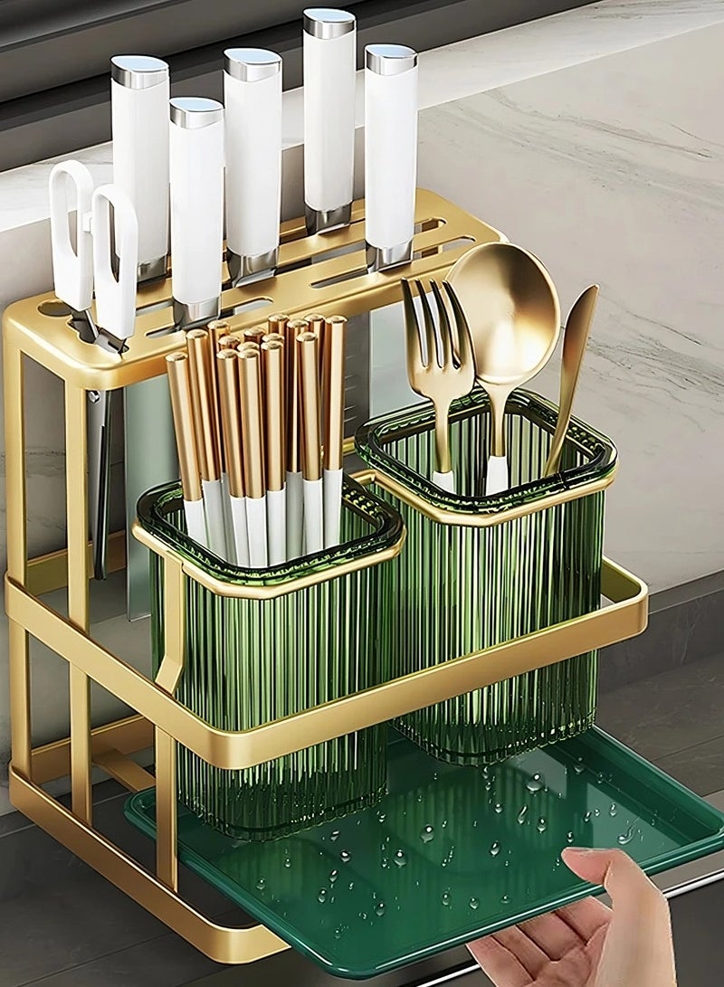 OQUERA Efficient Kitchen Storage Rack with Knife Organizer Holder, Chopsticks Box, Cutlery Storage Shelf - Organize Kitchen Utensils for Wall-Mount or Countertop Use - Green  - Image 1