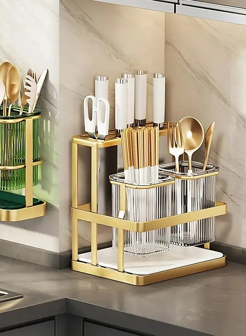OQUERA Efficient Kitchen Storage Rack with Knife Organizer Holder, Chopsticks Box, Cutlery Storage Shelf - Organize Kitchen Utensils for Wall-Mount or Countertop Use - Green  - Image 4