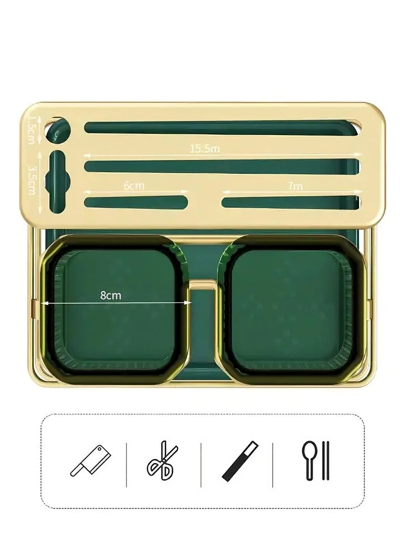 OQUERA Efficient Kitchen Storage Rack with Knife Organizer Holder, Chopsticks Box, Cutlery Storage Shelf - Organize Kitchen Utensils for Wall-Mount or Countertop Use - Green  - Image 3