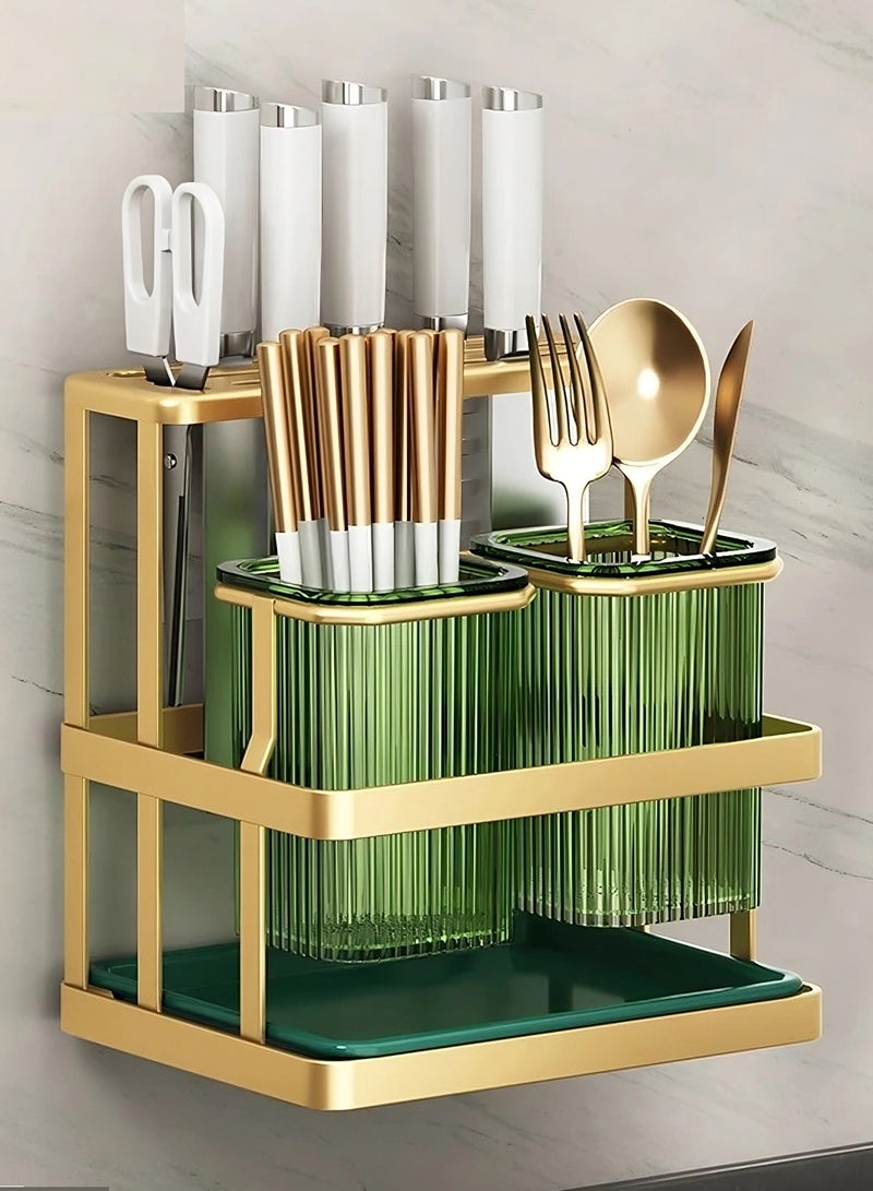 OQUERA Efficient Kitchen Storage Rack with Knife Organizer Holder, Chopsticks Box, Cutlery Storage Shelf - Organize Kitchen Utensils for Wall-Mount or Countertop Use - Green  - Image 5