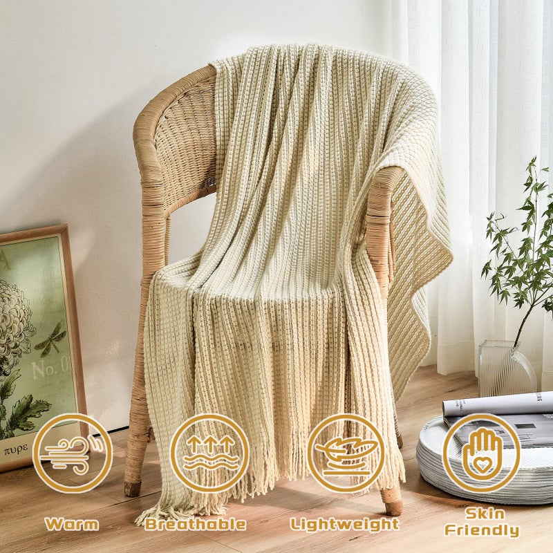 Blagic Knitted Throw Blanket for Couch Soft Farmhouse Boho Fall Throw Blanket with Tassels Home Decorative Lightweight  Beige Throws for Bed/Chair/Sofa  50"" W x 60"" L - Image 3