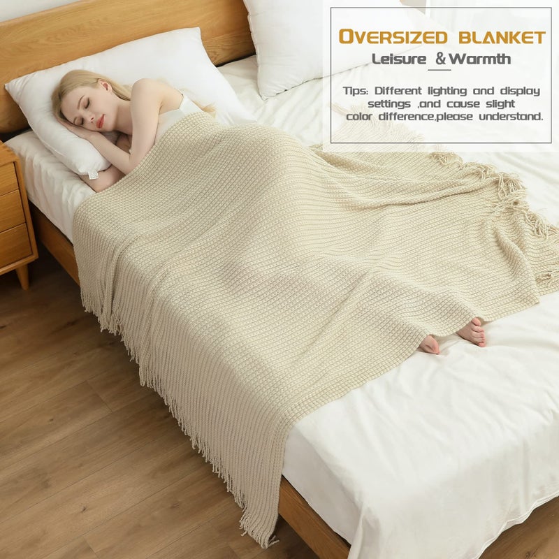 Blagic Knitted Throw Blanket for Couch Soft Farmhouse Boho Fall Throw Blanket with Tassels Home Decorative Lightweight  Beige Throws for Bed/Chair/Sofa  50"" W x 60"" L - Image 4