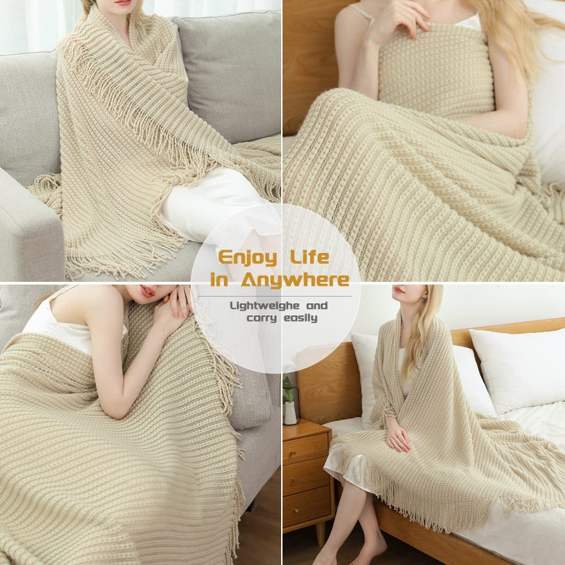 Blagic Knitted Throw Blanket for Couch Soft Farmhouse Boho Fall Throw Blanket with Tassels Home Decorative Lightweight  Beige Throws for Bed/Chair/Sofa  50"" W x 60"" L - Image 5