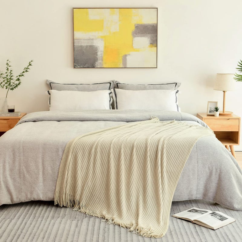 Blagic Knitted Throw Blanket for Couch Soft Farmhouse Boho Fall Throw Blanket with Tassels Home Decorative Lightweight  Beige Throws for Bed/Chair/Sofa  50"" W x 60"" L - Image 2
