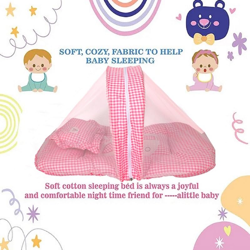 VoiDrop100% Cotton Baby Mosquito Net Bed Sleeping Bed | Toddler Beds | Sleeping Nest| Infants beddings | Cotton | Travel Bed | Mattress | Zip Closure | Neck Pillow | (Pink) - Image 4