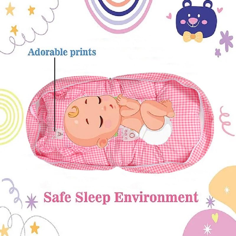 VoiDrop100% Cotton Baby Mosquito Net Bed Sleeping Bed | Toddler Beds | Sleeping Nest| Infants beddings | Cotton | Travel Bed | Mattress | Zip Closure | Neck Pillow | (Pink) - Image 5