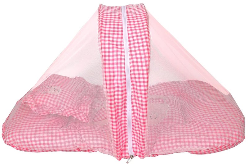 VoiDrop100% Cotton Baby Mosquito Net Bed Sleeping Bed | Toddler Beds | Sleeping Nest| Infants beddings | Cotton | Travel Bed | Mattress | Zip Closure | Neck Pillow | (Pink) - Image 1