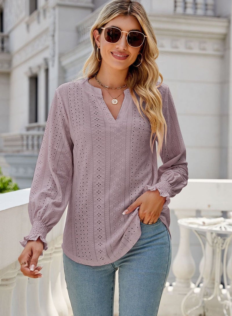 Loquat New Solid Color Hollowed Out Pleated Lotus Sleeve V-neck Loose Sleeved Shirt  - Image 1