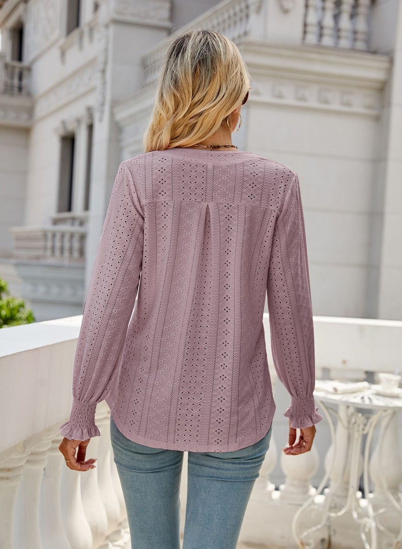 Loquat New Solid Color Hollowed Out Pleated Lotus Sleeve V-neck Loose Sleeved Shirt  - Image 2