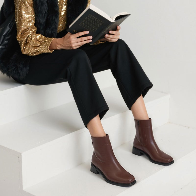 QIY Womens Ankle Boots Low Heel Brown Chunky Boots for Women Square Toe Boots Flat Fall Short Ladies Dress Faux Leather Ankle Booties Size 7 - Image 3
