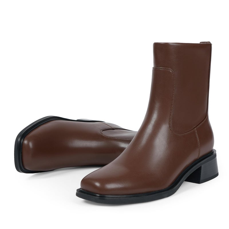 QIY Womens Ankle Boots Low Heel Brown Chunky Boots for Women Square Toe Boots Flat Fall Short Ladies Dress Faux Leather Ankle Booties Size 7 - Image 5