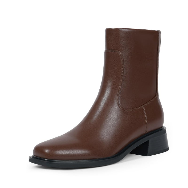 QIY Womens Ankle Boots Low Heel Brown Chunky Boots for Women Square Toe Boots Flat Fall Short Ladies Dress Faux Leather Ankle Booties Size 7 - Image 1