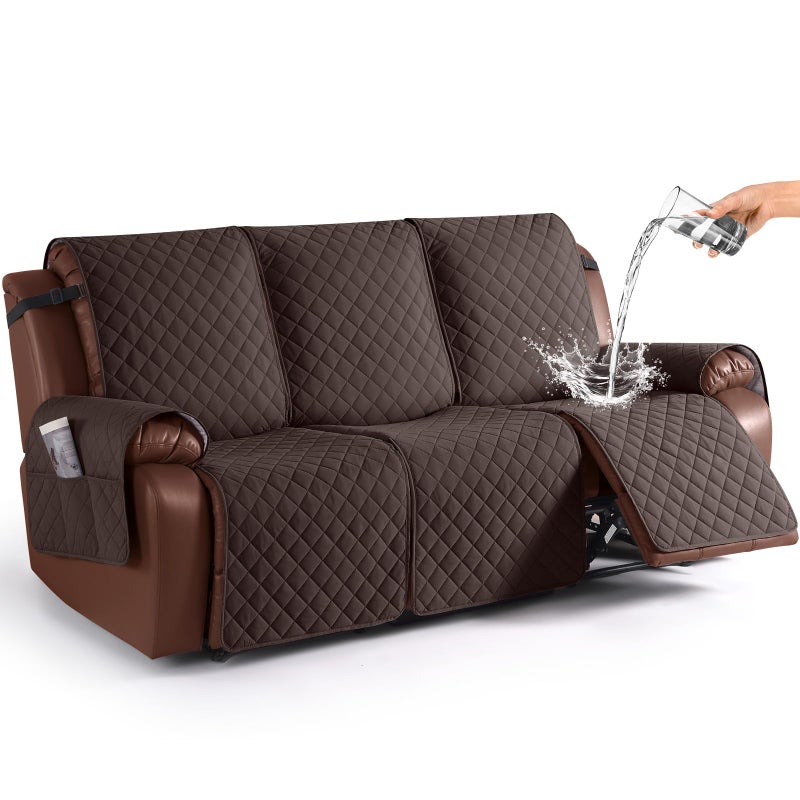 KinCam Waterproof Recliner Sofa Cover NonSlip Reclining Couch Covers for 3 Seat Recliner Couch Cover Furniture Protector with Elastic Straps for Pets Kids Chocolate