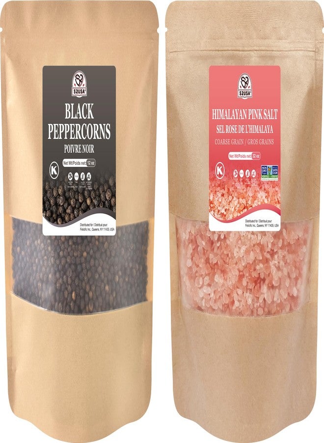 52USA Whole Black Peppercorns 12 oz + Himalayan Pink Salt (Coarse Grain) 2 lb - Salt and Pepper Grinder, Black Peppercorn Refil, Pink Himalayan Sea Salt, 2 Piece Set - Image 1
