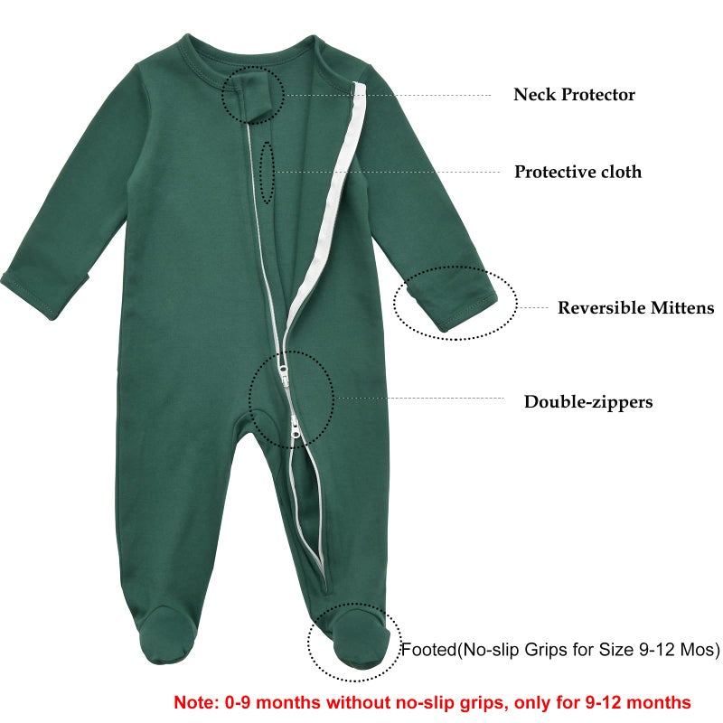 Aablexema Baby Footie Pajama with Mitten Cuffs, Double Zipper Infant Cotton clothes Sleeper Pjs, Footed Sleep Play(White & Green & Khaki,0-3 Months) - Image 2