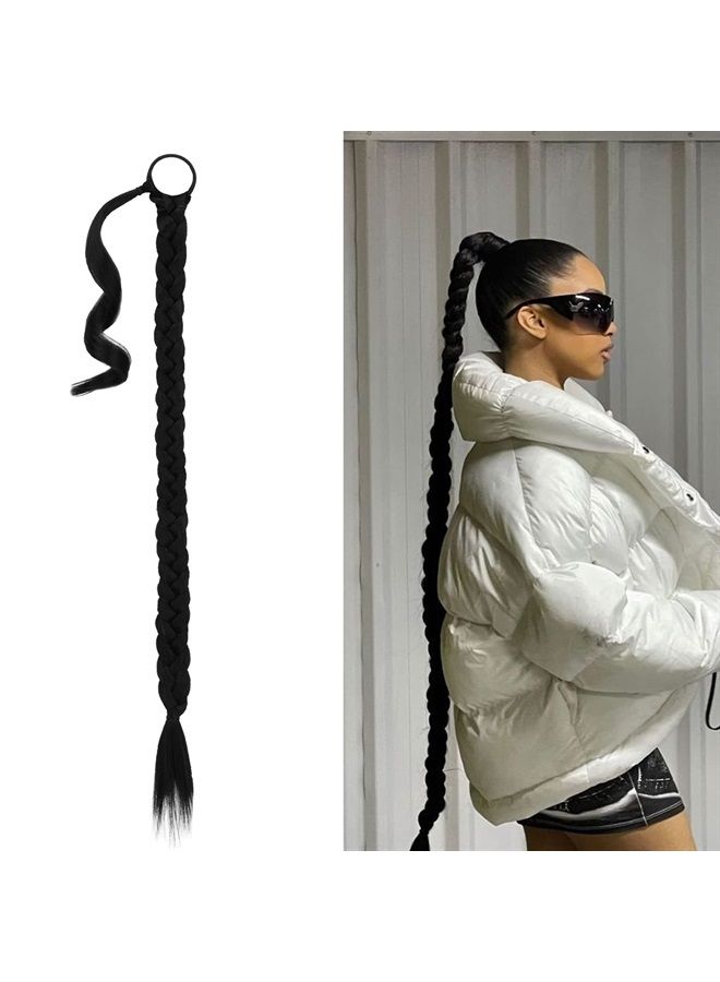 BARSDAR 34 Inch Long Braided Ponytail Extension with Hair Tie Straight Wrap Around Hair Extensions Pony Tail DIY Natural Soft Synthetic Hair Piece for Women Girls-Off Black - Image 1
