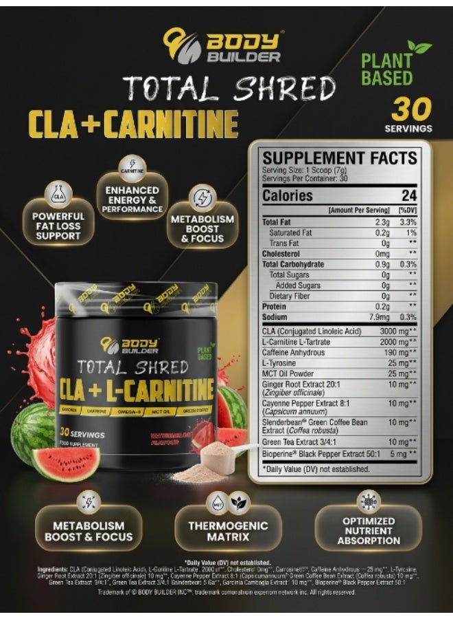بودي بيلدر توتال شرد (Total Shred) CLA + إل-كارنيتين بنكهة البطيخ - 30 كبسولة؛ مكمل غذائي نباتي يحتوي على CLA، وإل-كارنيتين، وغارسينيا كامبوغيا، ومستخلص القهوة الخضراء، والكافيين، وزيت MCT. - Image 2
