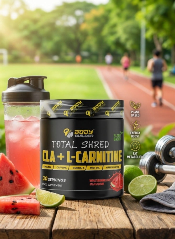 بودي بيلدر توتال شرد (Total Shred) CLA + إل-كارنيتين بنكهة البطيخ - 30 كبسولة؛ مكمل غذائي نباتي يحتوي على CLA، وإل-كارنيتين، وغارسينيا كامبوغيا، ومستخلص القهوة الخضراء، والكافيين، وزيت MCT. - Image 3