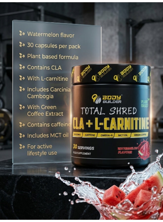 بودي بيلدر توتال شرد (Total Shred) CLA + إل-كارنيتين بنكهة البطيخ - 30 كبسولة؛ مكمل غذائي نباتي يحتوي على CLA، وإل-كارنيتين، وغارسينيا كامبوغيا، ومستخلص القهوة الخضراء، والكافيين، وزيت MCT. - Image 5
