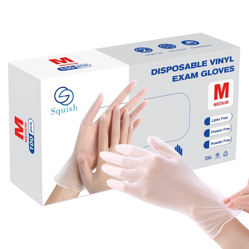 squish Disposable Gloves, 100 Count 4 mil Clear Vinyl Gloves Latex Free Powder-Free Health Gloves Cleaning Rubber Gloves for Kitchen Cooking Cleaning Food Handling, Medium - Image 1