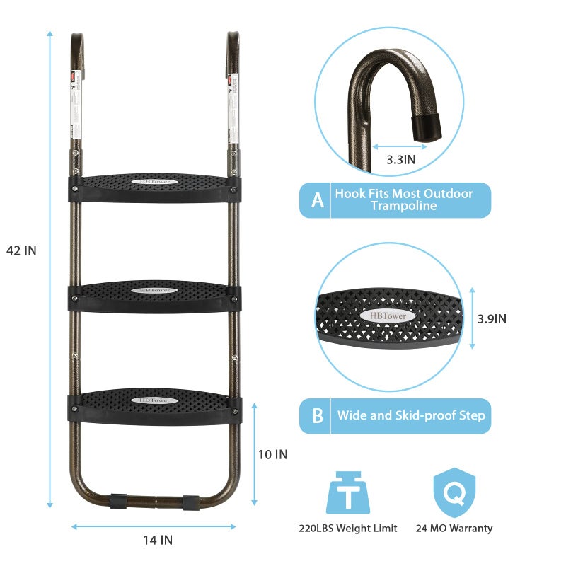 HBTower Trampoline Ladder, 3-Step Trampoline Steps with Horizontal Wide Steps, Skid-Proof Steps Universal Hook, UV Treated Steel, 220Lbs Capacity Trampoline Stairs Accessories for Kids/Children - Image 3