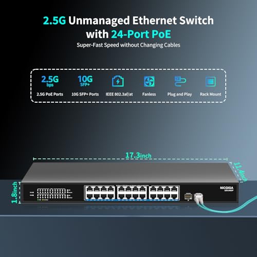 NICGIGA 24 Port 2.5G PoE Switch Unmanaged with 24 Port 2.5Gb Base-T PoE+@400W + 2 x 10G SFP+ Uplink, NICGIGA 26 Port 2.5Gbe IEEE802.3af/at Power Over Ethernet Switch, Support WiFi6 AP, NAS, 4K PoE Camera NVR. - Image 4
