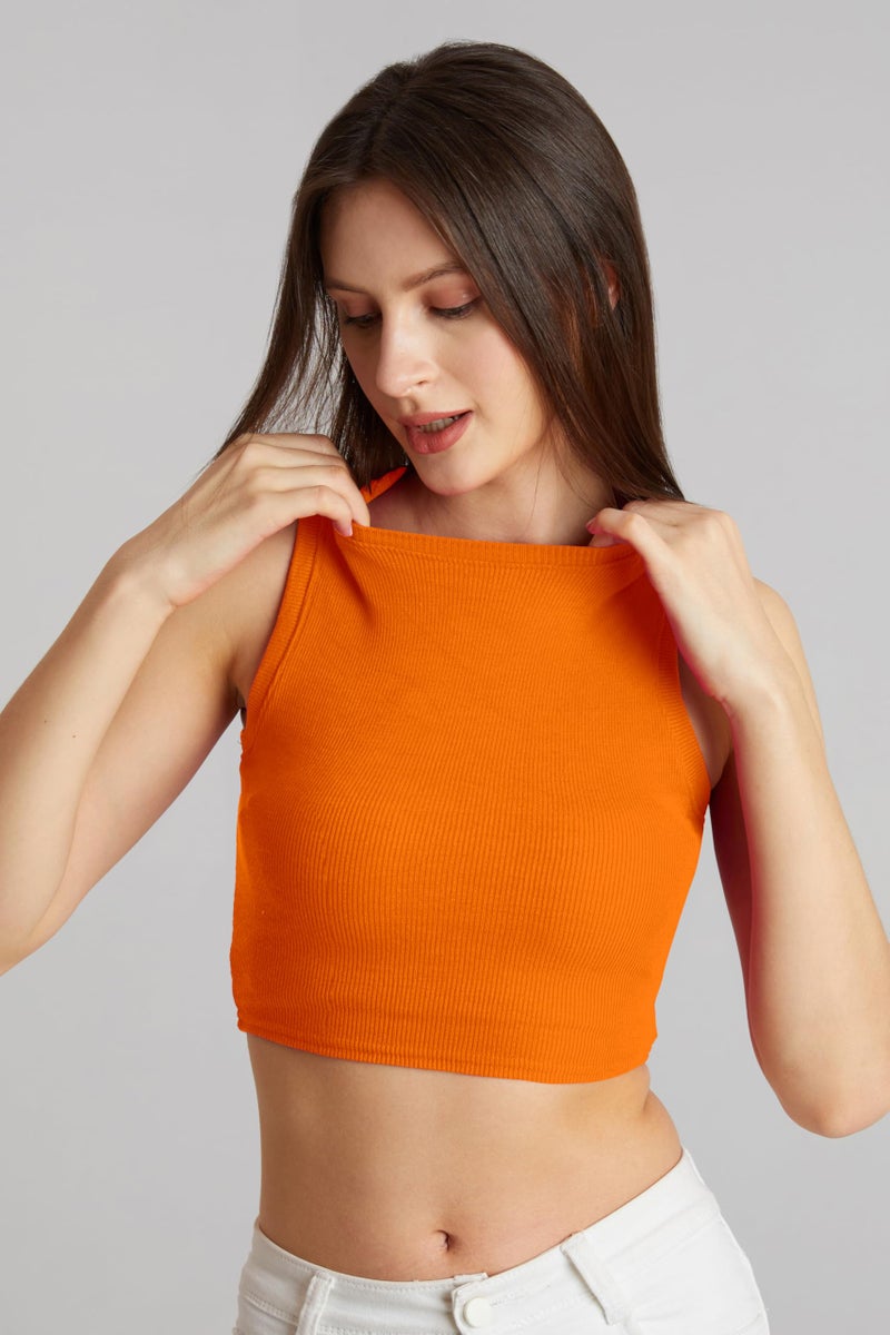 Berry&Bird BERRY BIRD® Stylish Sleeveless Round Neck Ribbed Tank Tops for Women & Girls Slim Fit Collarless Beach, Gym Wear and Western Trendy Fashion Orange - Image 3