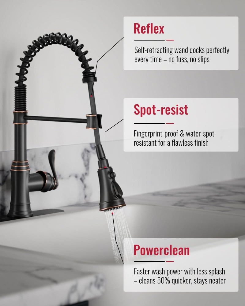 Homevacious Oil Rubbed Bronze Kitchen Faucet with Pull Down Sprayer Single Handle Commercial Sink Faucet 3 Function Spring High Arc Kitchen Faucet Farmhouse with Deck Plater for Sink 1 or 3 Holes - Image 4