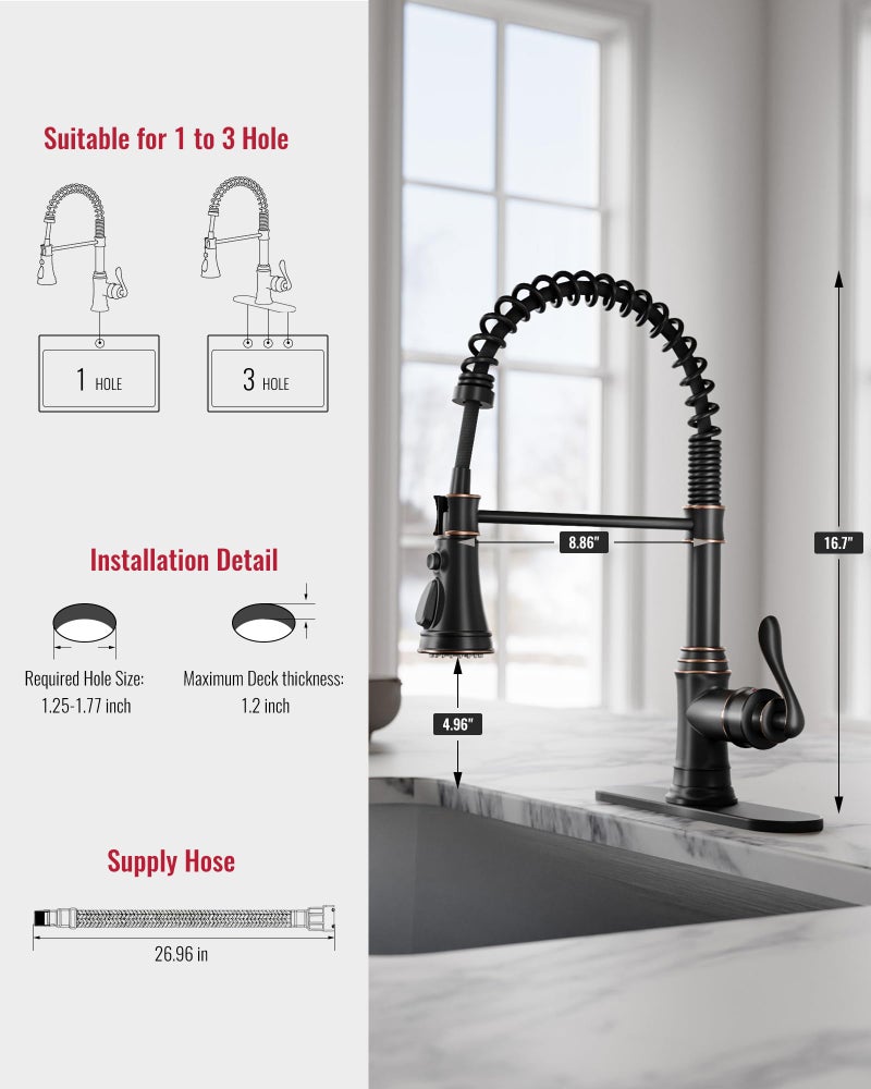 Homevacious Oil Rubbed Bronze Kitchen Faucet with Pull Down Sprayer Single Handle Commercial Sink Faucet 3 Function Spring High Arc Kitchen Faucet Farmhouse with Deck Plater for Sink 1 or 3 Holes - Image 3