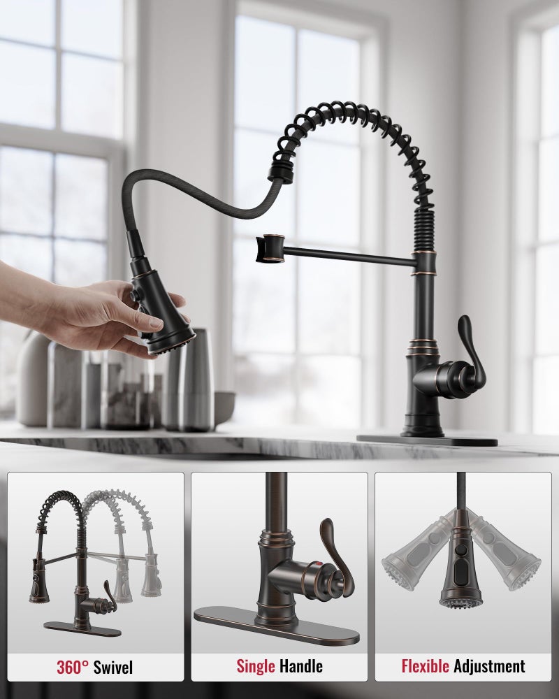 Homevacious Oil Rubbed Bronze Kitchen Faucet with Pull Down Sprayer Single Handle Commercial Sink Faucet 3 Function Spring High Arc Kitchen Faucet Farmhouse with Deck Plater for Sink 1 or 3 Holes - Image 5